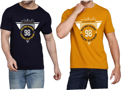 WOOSTRO Graphic Print Men Round Neck Dark Blue, Brown T-Shirt