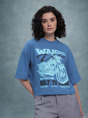 Roadster Printed Women Round Neck Blue T-Shirt