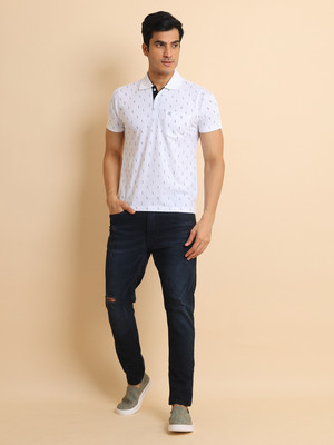 BERRYBLUES Printed Men Polo Neck White, Black T-Shirt