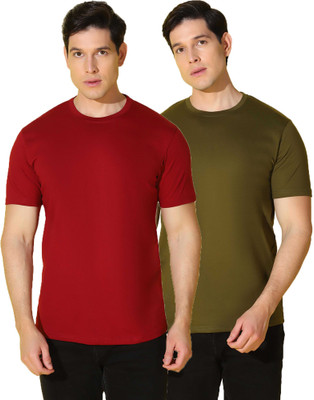 WOOSTRO Solid Men Round Neck Maroon, Green T-Shirt