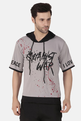 cnw Printed Men Hooded Neck Grey T-Shirt