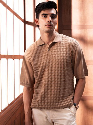Andamen Self Design Men Polo Neck Brown T-Shirt