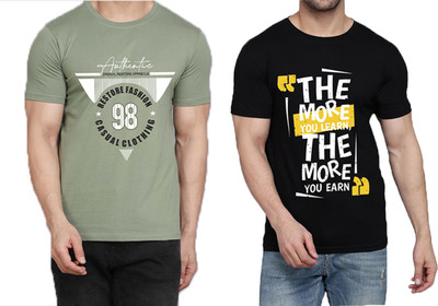 WOOSTRO Printed Men Round Neck Light Green, Black T-Shirt