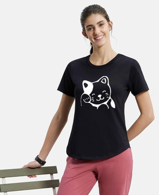 GLITO Printed Women Round Neck Black T-Shirt