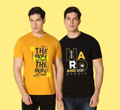 WOOSTRO Printed Men Round Neck Black, Yellow T-Shirt