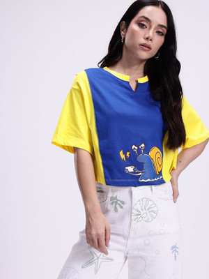 Kook N Keech Printed Women V Neck Blue, Yellow T-Shirt