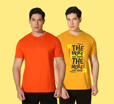 WOOSTRO Solid Men Round Neck Yellow, Orange T-Shirt