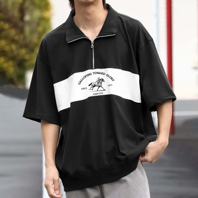 Jump Cuts Printed Men Zip Neck Black, White T-Shirt
