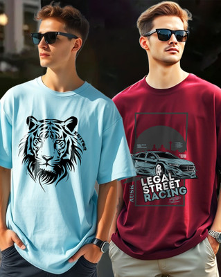 AUSK Printed Men Round Neck Light Blue, Maroon T-Shirt
