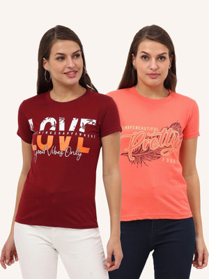 FEDAMSEL Printed, Typography Women Round Neck Maroon, Pink T-Shirt