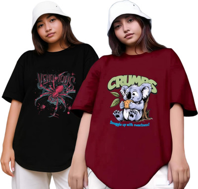 RS FASHION Printed Women Round Neck Black, Maroon T-Shirt