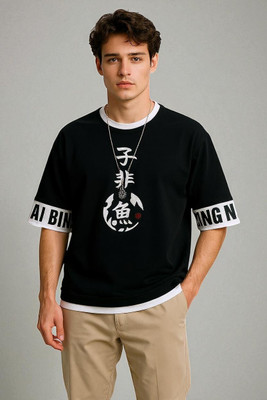 FASHIUM Printed Men Round Neck Black T-Shirt