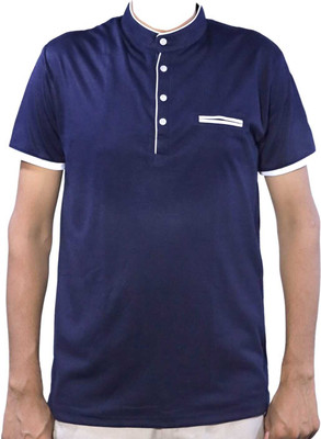 4 G FASHION Solid Men Mandarin Collar Navy Blue T-Shirt