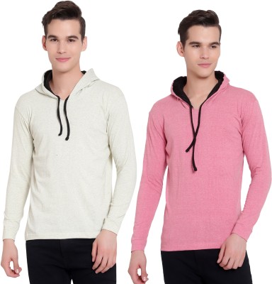 DIAZ Solid Men Hooded Neck Pink, White T-Shirt