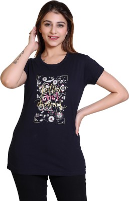 E-MAX Printed, Typography Women Round Neck Dark Blue T-Shirt