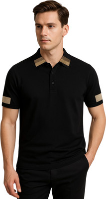 hoshiii Solid, Striped Men Polo Neck Black T-Shirt