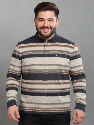 Bullmer Striped Men Polo Neck Beige T-Shirt