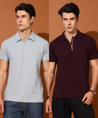Christy World Self Design Men Polo Neck Multicolor T-Shirt