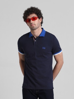 JACK & JONES Solid Men Polo Neck Dark Blue T-Shirt