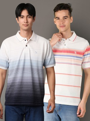 V-MART Striped Men Polo Neck Blue, White T-Shirt