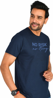 Burundi Blu Typography Men Round Neck Navy Blue T-Shirt