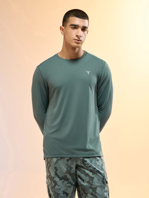 TECHNOSPORT Solid Men Crew Neck Green T-Shirt