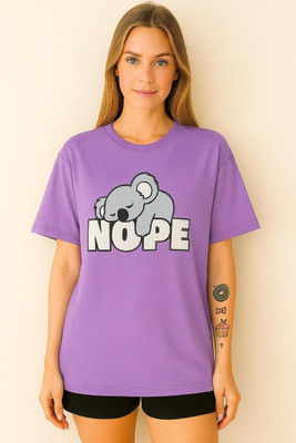 AdvibaFashion Graphic Print Women Round Neck Purple T-Shirt