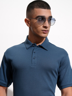 HIGHLANDER Solid Men Polo Neck Blue T-Shirt