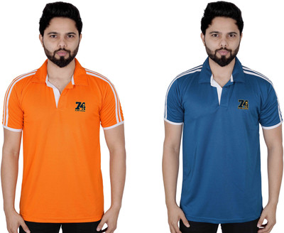 La Milano Printed, Striped Men Polo Neck Blue, Orange T-Shirt