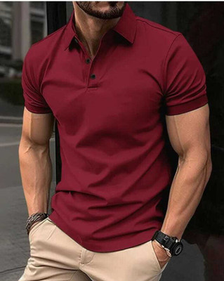 solid villa Solid Men Polo Neck Maroon T-Shirt