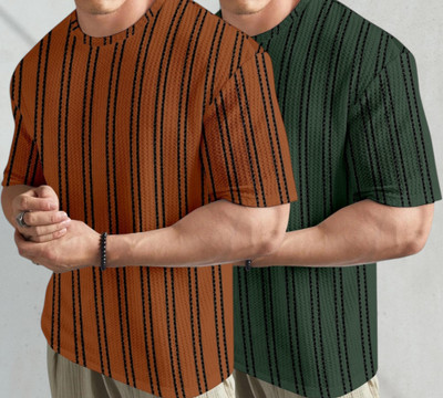 PRAIZY Striped Men Round Neck Orange, Green T-Shirt