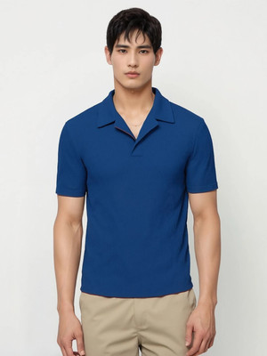 HouseOfCommon Self Design Men Polo Neck Blue T-Shirt