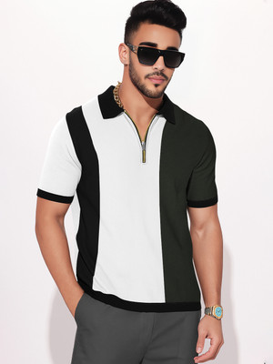 TRIPR Colorblock Men Zip Neck White, Black T-Shirt