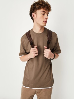 MAX Solid Men Polo Neck Brown T-Shirt
