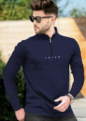 TRIPR Solid Men Henley Neck Navy Blue T-Shirt