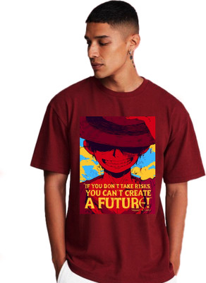 DRIZZLE CLICKS Printed, Typography Men Round Neck Maroon T-Shirt