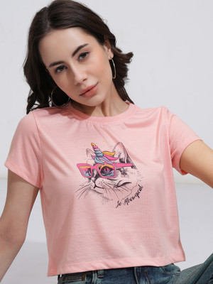 Tokyo Talkies Printed Women Round Neck Pink T-Shirt