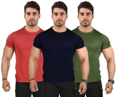 Bollor Solid Men Round Neck Maroon, Navy Blue, Green T-Shirt