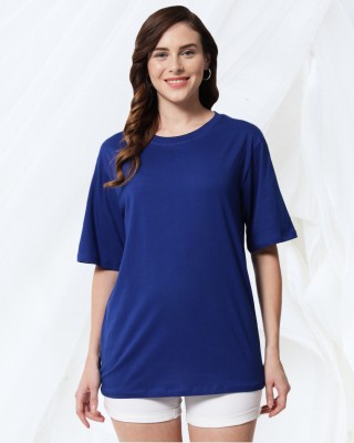 FurryFlair Solid Women Boat Neck Blue T-Shirt