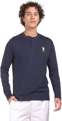 U.S. POLO ASSN. Solid Men Henley Neck Blue T-Shirt