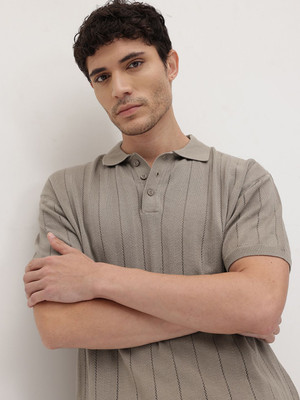 Roadster Self Design Men Polo Neck Grey T-Shirt