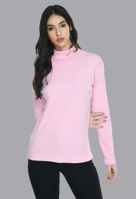 Viral Trend Solid Women High Neck Pink T-Shirt