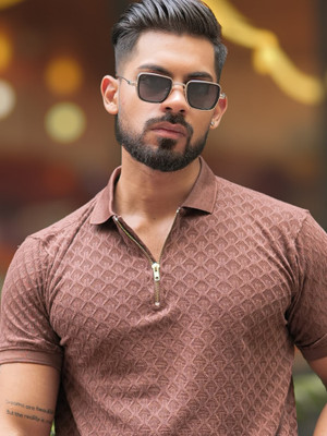 MANIAC Self Design Men Polo Neck Brown T-Shirt