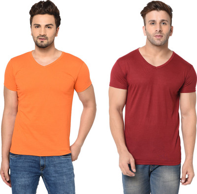 Tresna Fab Solid Men V Neck Orange, Maroon T-Shirt