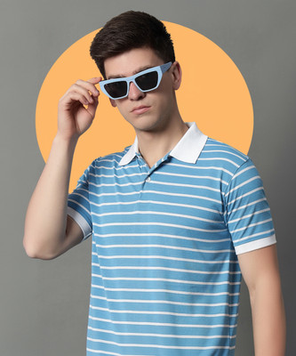 GETGOLF Striped Men Polo Neck Light Blue T-Shirt