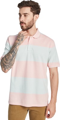 Octave Striped Men Polo Neck Pink T-Shirt