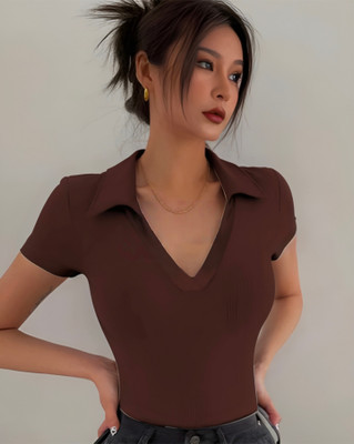 Nazzara Solid Women Polo Neck Brown T-Shirt