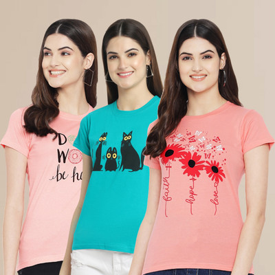 METRONAUT Printed Women Round Neck Pink, Green T-Shirt