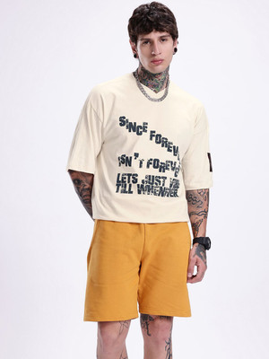 Kook N Keech Printed Men V Neck Beige T-Shirt