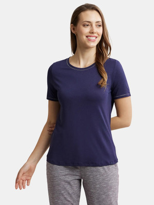 JOCKEY Solid Women Round Neck Navy Blue T-Shirt